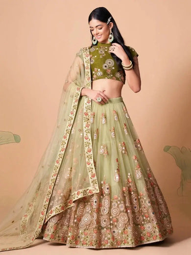 Impressive Pista Green Net Embroidered Wedding Lehenga Choli